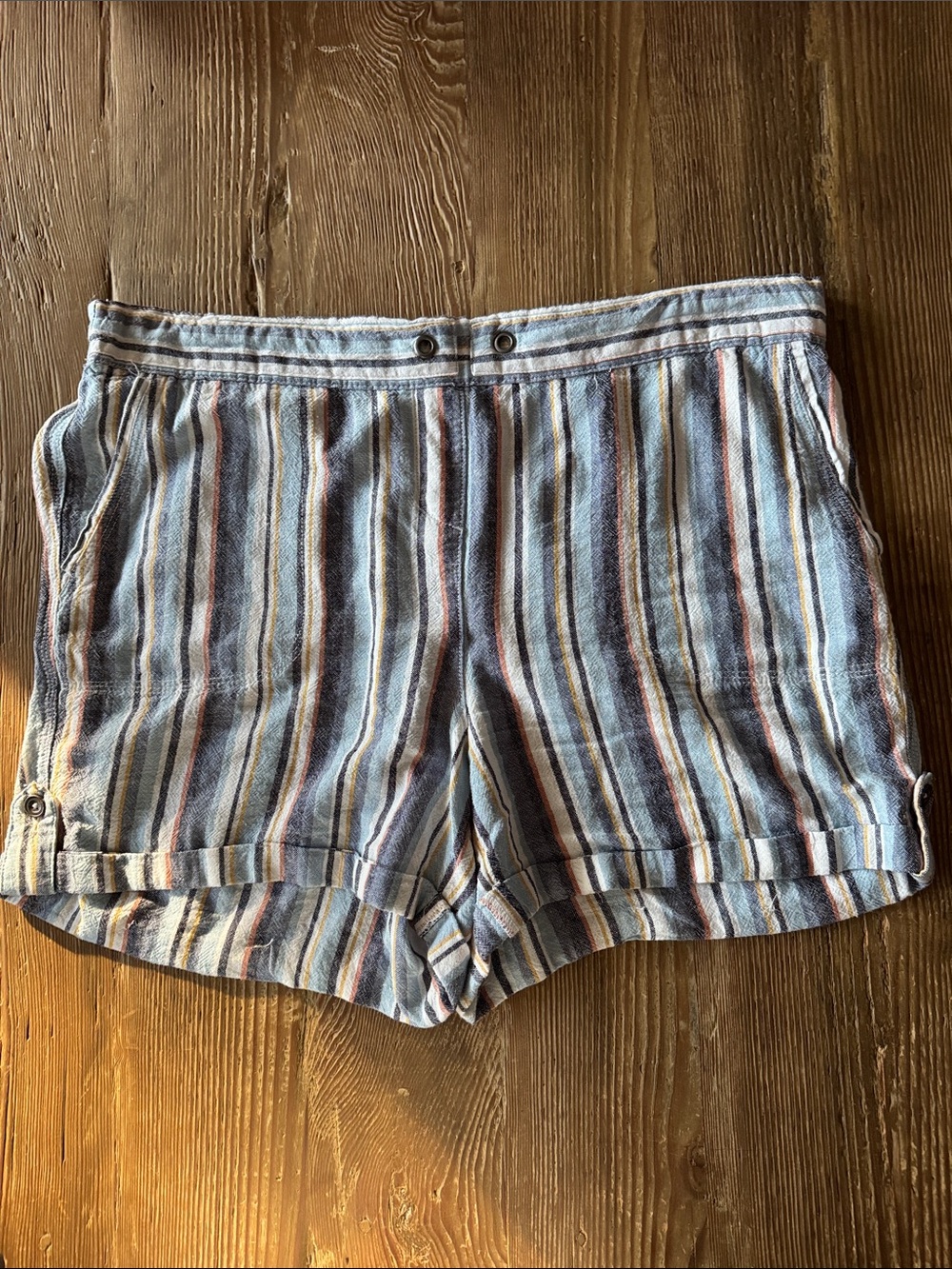 Per Se Blue and White Striped High-Waist Shorts with Pink and Tan Accents